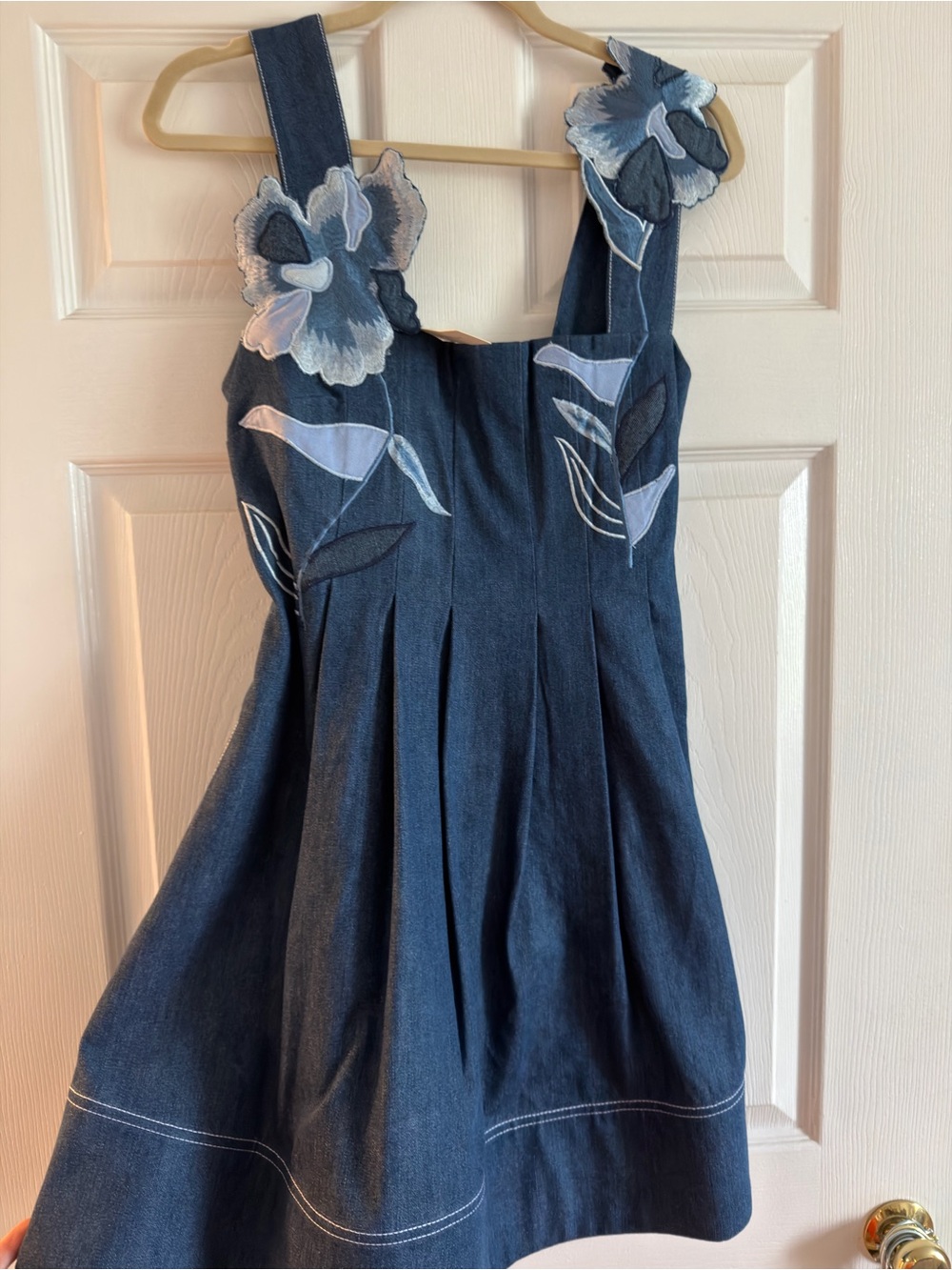 Maeve Dark Blue Denim Dress with Light Blue Floral Appliqué